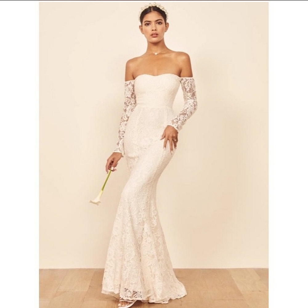 REFORMATION | Champs Dress Wedding Gown Bridal Long Sleeve Lace Off Shoulder 4
